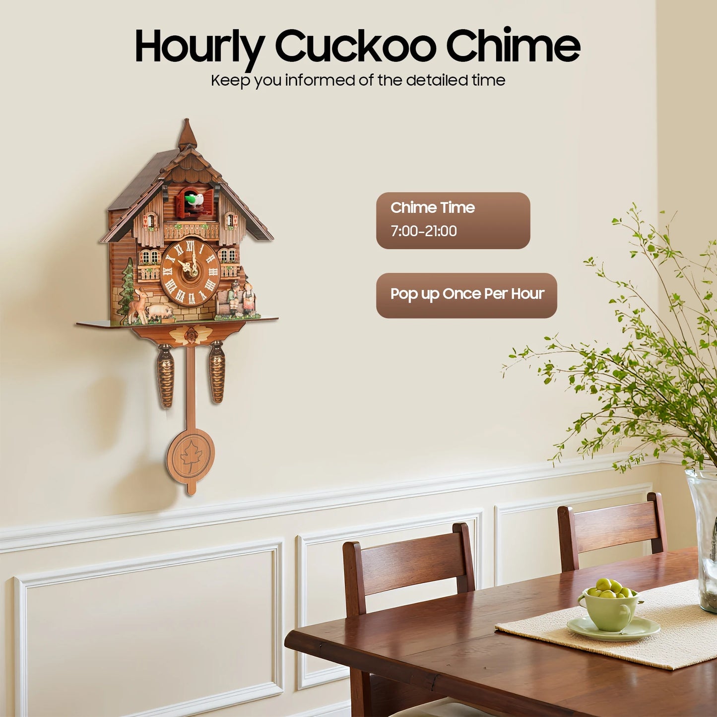 Wall Mount Clock Cuckoo Clock, Wood Cuckoo-Clock, 7:00-21:00 Chime Time 25*10*50cm Pointers+Time Scales Display