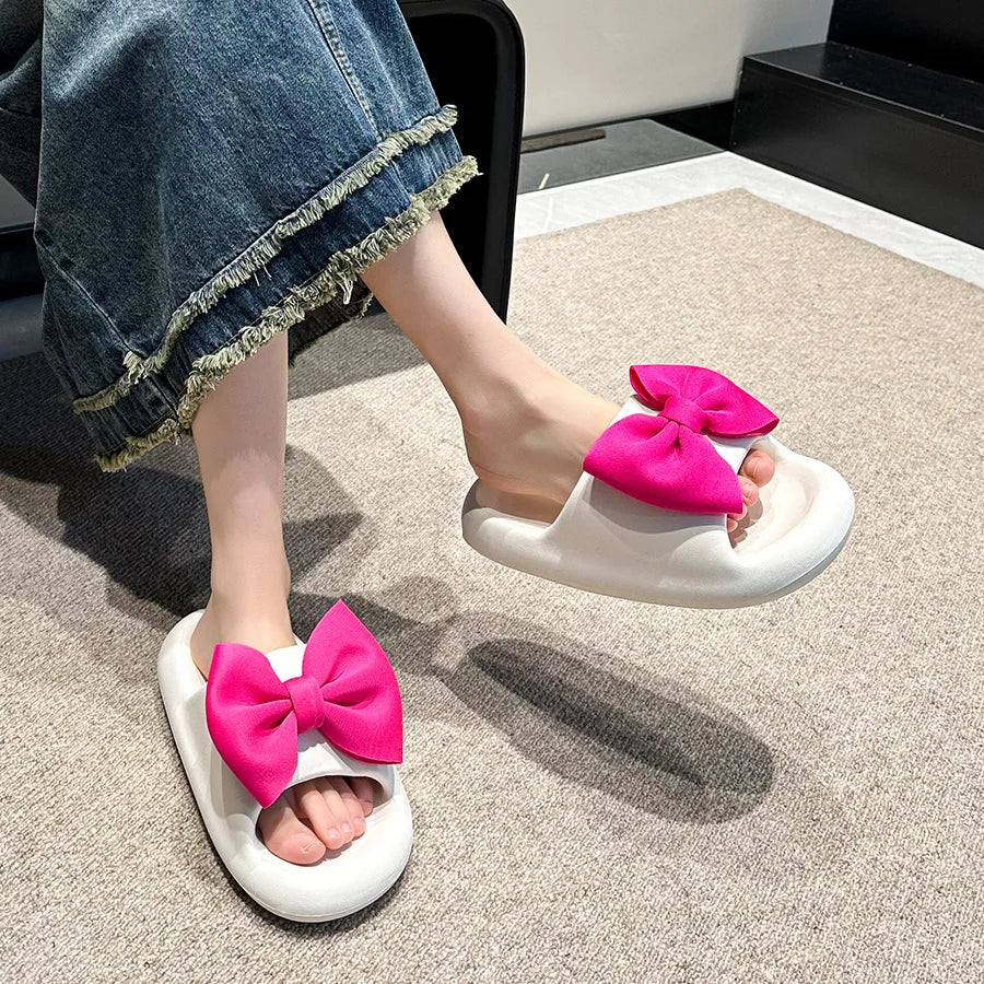 Fashion Bow Tie Slippers for Women Outdoor Thick Soft Sole Slippers Non Slip Slides Sweet Girls Beach Open Toe Shoes