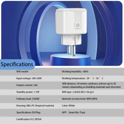 Tuya Smart Socket EU16A/20A Wifi Smart Plug With Power Monitoring Smart Life APP Remote Control Support Google Assistant Alexa