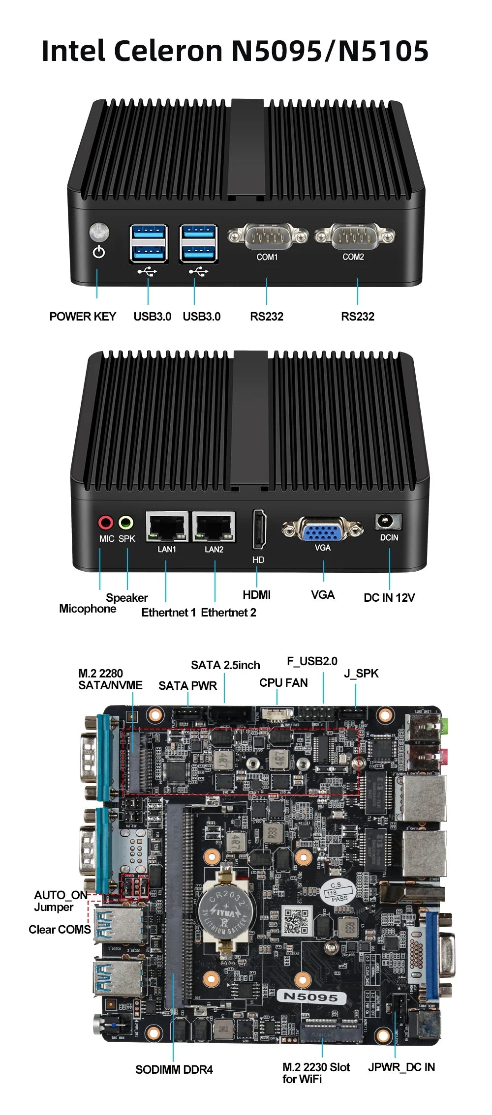 XCY Fanless Mini PC Intel Celeron J6412 N5105 2x GbE LAN 2x RS232 HDMI VGA WiFi 4G LTE Windows 10 Linux Industrial Computer