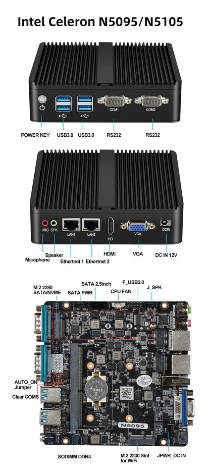 XCY Fanless Mini PC Intel Celeron J6412 N5105 2x GbE LAN 2x RS232 HDMI VGA WiFi 4G LTE Windows 10 Linux Industrial Computer
