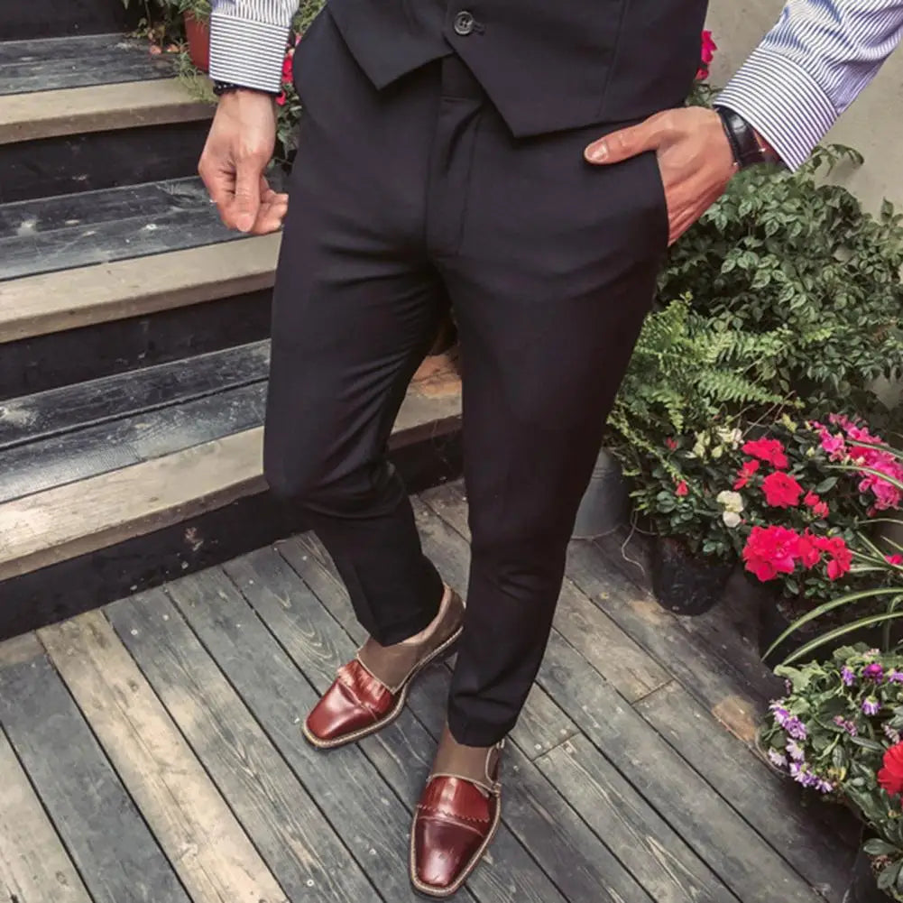 Men Three piece Suit Formal Business Suit Pants Set Solid Color Slim Fit Turn down Collar Anti wrinkle Groom Wedding Suit