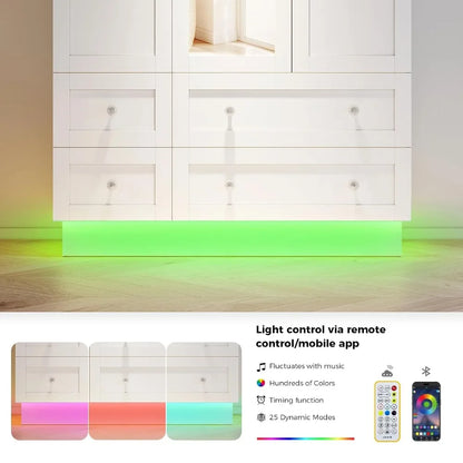 3 Doors Wardrobe Mirror 4 Drawers LED Light Large Capacity Bedroom Storage Cabinet, Custom