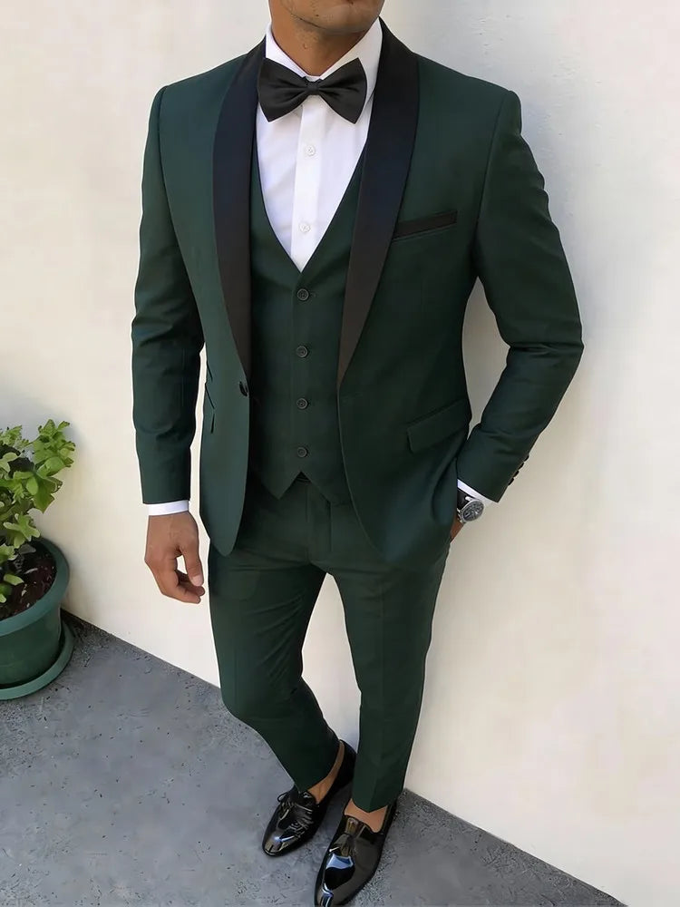 New Men's Crisp Collar Slim-fit Suit with Single Button 3pcs Suit Jacket, Dress, Business Formal Party Jacket, Vest And Trousers