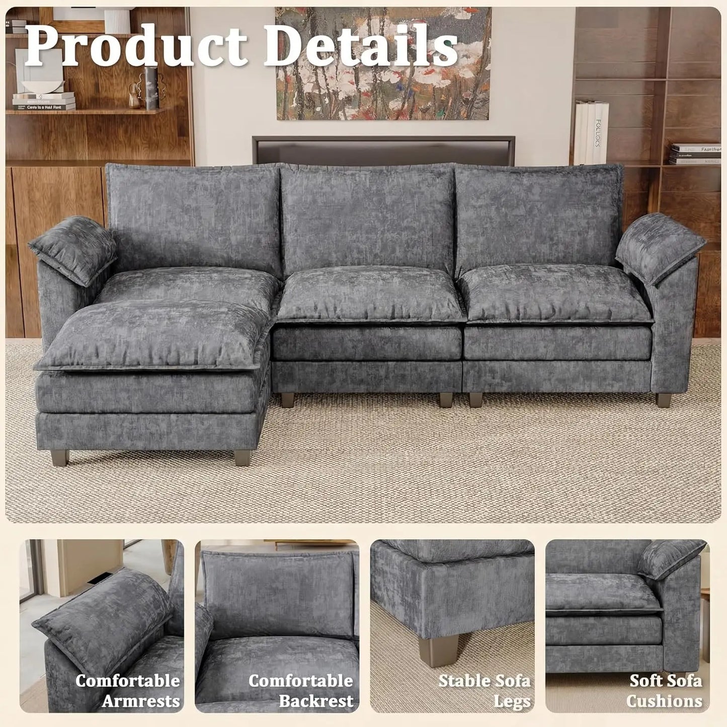 118.9" Modular Sectional Cloud Couch 3-Seat Sofa Set with Movable Ottoman, L Shaped Sofa Couch with Deep Seat,, Customized