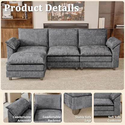 118.9" Modular Sectional Cloud Couch 3-Seat Sofa Set with Movable Ottoman, L Shaped Sofa Couch with Deep Seat,, Customized