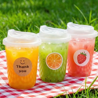 20pcs Disposable Plastic Coffee Cups with Lids, Warm Sticker Design for Coffee/Milk Tea, 12cm/4.72in