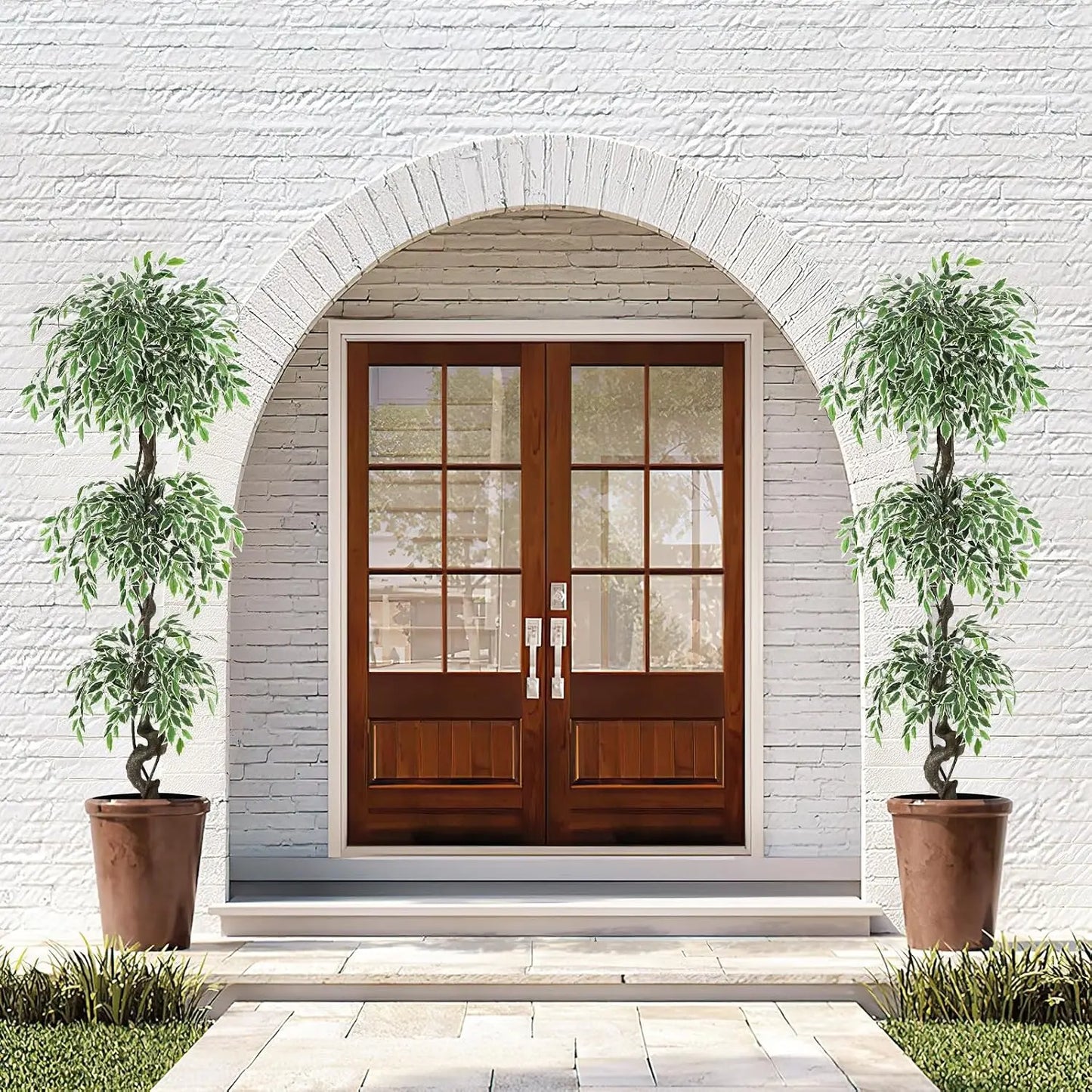 Artificial Ficus Tree Indoor Outdoor Fake Ficus Tree with Pebbles & Green Fake Moss, Pot Faux Tree for Office Home Decor