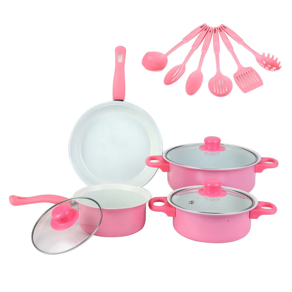 12Pcs Non Stick Cookware Set Milk Pot Maifan Stone Frying Pan with Lid Cooking Pot Set Stackable Pot Set for All Hob