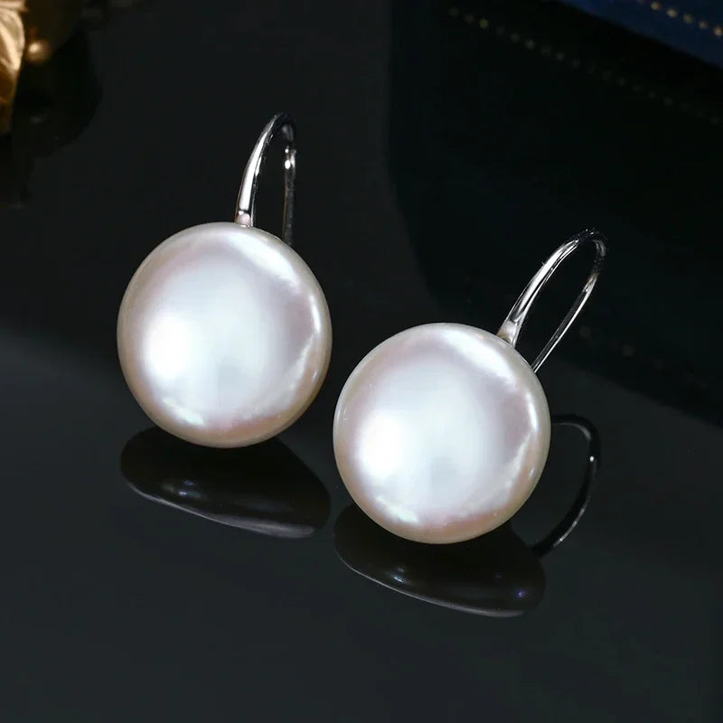 HENGSHENG OL Natural Freshwater 11-13mm White Button Shape Baroque Pearl Earring 925 Sterling Silver Ear Hook Jewelry for Women