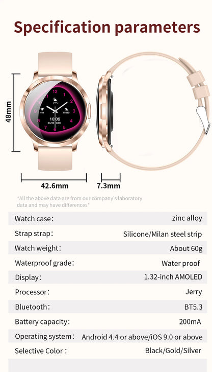 2026New Ultra-thin Women Smart Watch HD AMOLED Full Touch Screen Bluetooth Call Blood Pressure IP68 Waterproof NFC 7.3mm bracele
