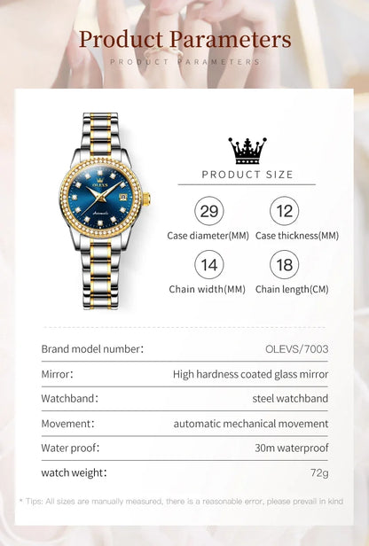 OLEVS 7003 Women Automatic Watch Waterproof Luminous Calendar Mechanical Ladies Wristwatch Steel Strap Luxury Watch Women
