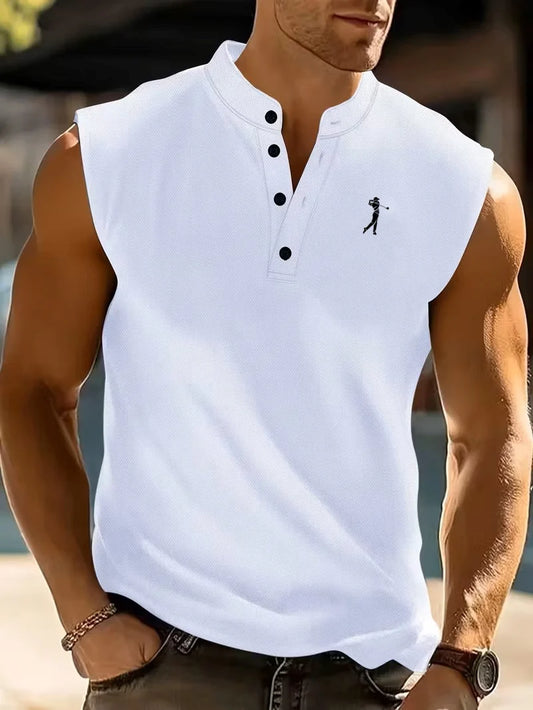 Summer Men's Casual Sleeveless Polo Shirt Golf Embroidery Stand Collar Button Tank Top for Sports