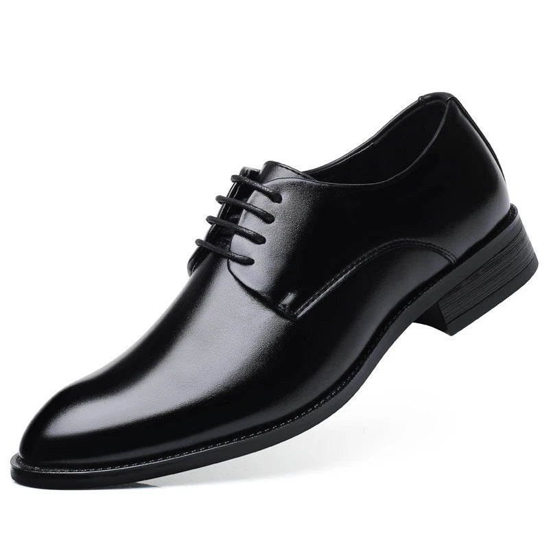 Mens Breathable Leather Dress Shoes Formal Business Footwear Pointed Toe Lace Up Flat Sole Groom Wedding Shoes Simple Leisure
