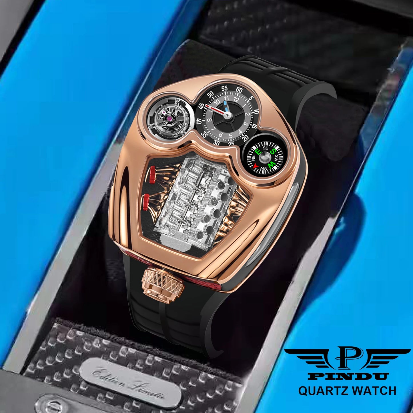 PINDU Design NEW Engine Series Quartz Watch Men TOP-luxurious Stainless Steel Compass Waterproof Swiss Quartz 762 Movement Watch