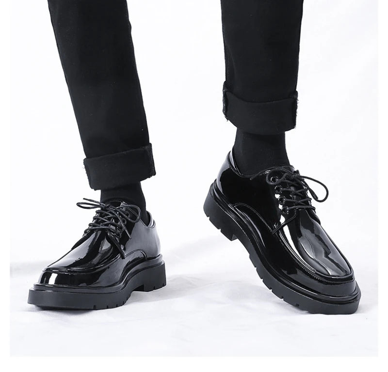 Mens Black Patent Leather Perforated Lace Up Chunky Platform Oxford Shoes Breathable Casual Business Formal Summer Dress Shoes