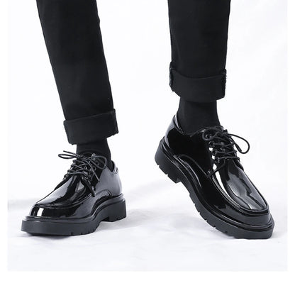 Mens Black Patent Leather Perforated Lace Up Chunky Platform Oxford Shoes Breathable Casual Business Formal Summer Dress Shoes