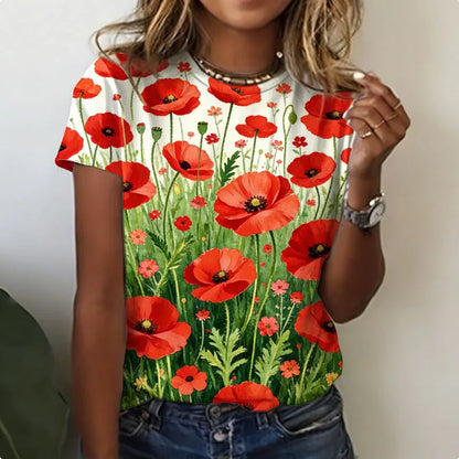 Lady T Shirts Crew Neck Short Sleeve Gradient Purple Flower Branch Print T Shirt Women's Outfits Casual Streetwear Cool Clothes