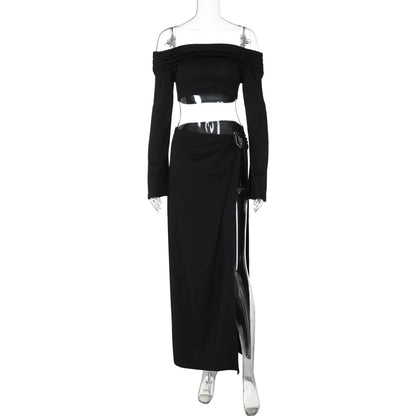 Leosoxs Women's Solid Beach Skirt Sets Sexy High Split Slim Bohemian Outfits Off The Shoulder Holiday 2 Piece Set 2025 Beachwear