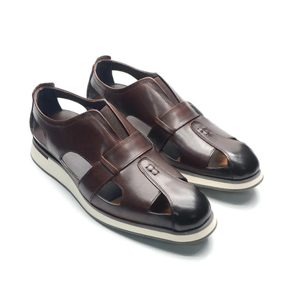 Classic Arabic Style Mens Sandals Genuine Cow Leather Slip-On Hollow Out Casual Business Party Dress Shoes for Men Flat Footwear