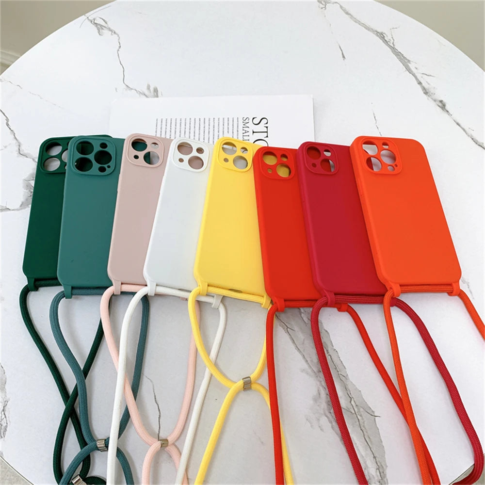 Crossbody Necklace Lanyard Cord Strap Liquid Silicone Case For iPhone 17 16 15 13 11 12 14 Pro Max XS XR X Plus Soft Candy Cover