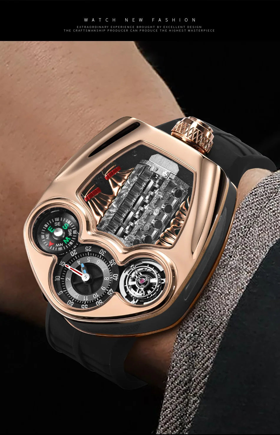 PINDU Design NEW Engine Series Quartz Watch Men TOP-luxurious Stainless Steel Compass Waterproof Swiss Quartz 762 Movement Watch