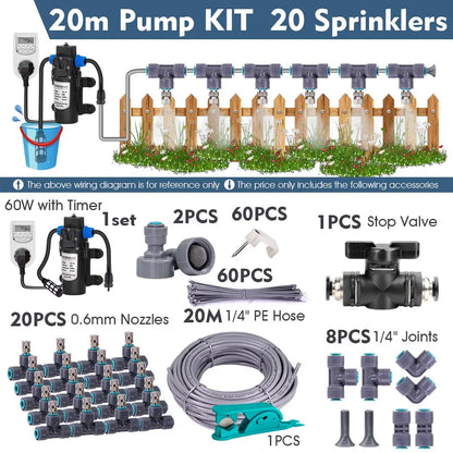 1/4″ 4/6mm 60W Self-priming Pump Misting Cooling System 0.6mm Atomizer Sprayer Slip Lock Nozzle Joint Outdoor Garden Irrigation