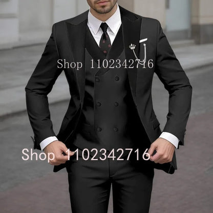 New Classic Beige Single Breasted Suits For Men Black Lapel Slim Fit Wedding Suit Groomsmen Formal Prom Party Suits 3 Piece Sets