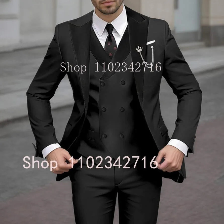 New Classic Beige Single Breasted Suits For Men Black Lapel Slim Fit Wedding Suit Groomsmen Formal Prom Party Suits 3 Piece Sets