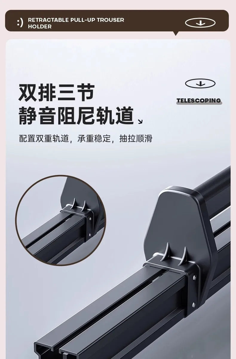 Multifunctional Wardrobe Trouser Hanger with Built-In Telescopic Pants Storage Pull-Out Clothes Rail Shelf Wardrobe Organizer