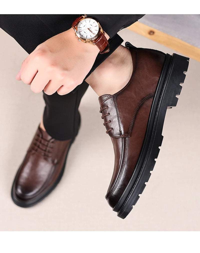Mens Black Wrinkled Leather Apron Toe Lace Up Dress Shoes Thick Lug Sole Chunky Formal Business Office Work Daily Wear Shoes