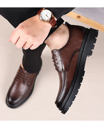Mens Black Wrinkled Leather Apron Toe Lace Up Dress Shoes Thick Lug Sole Chunky Formal Business Office Work Daily Wear Shoes