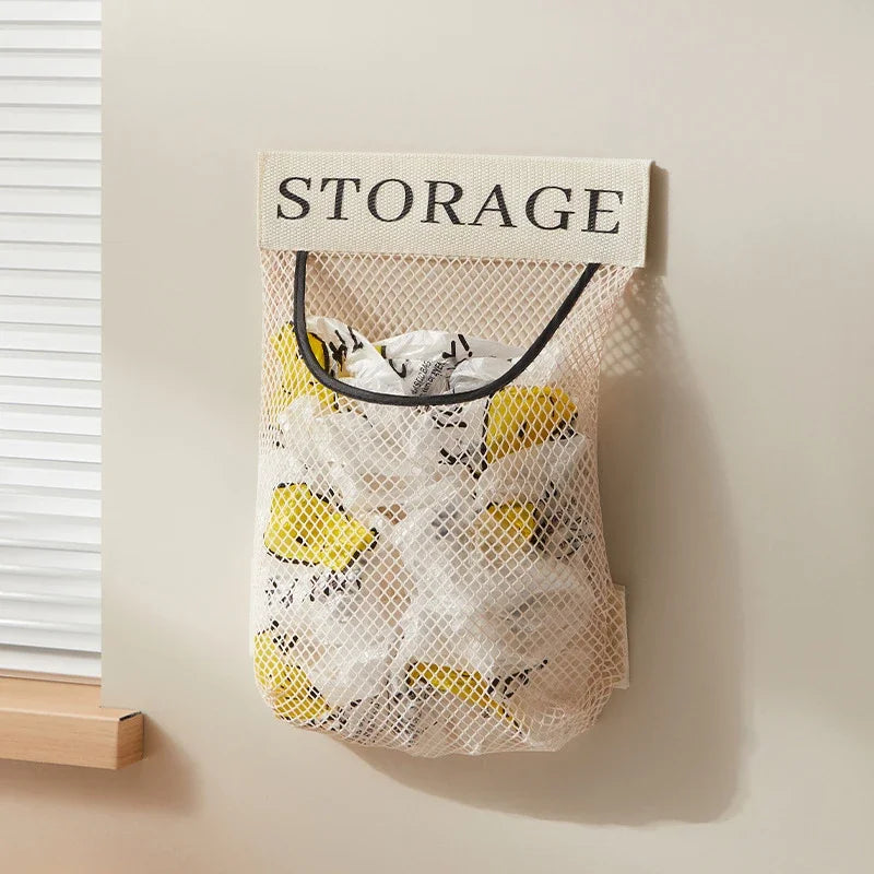 1/4PCS Wall Mount Mesh Storage Bag Garbage Holder Plastic Shopping Bags Dispenser Sundries Bag Net Storage Grocery Bag Organizer