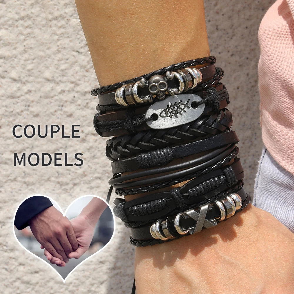 Fashion Bracelet Viking  Bracelet For Men Hand Bracelets Woven Skull Hand Jewelry Adjustable Leather Set viking man bracelet