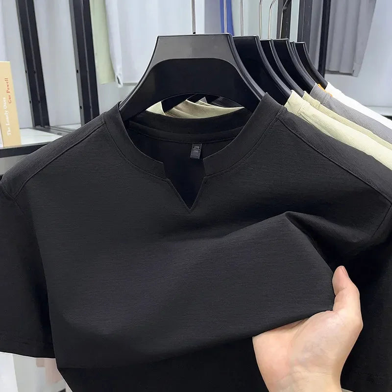 Korean Men's Casual and Fashionable Small V-neck Solid Color Short Sleeved T-shirt Comfortable Summer Versatile Top