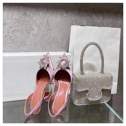 2025 European and American Women's New Silk Sunflower Crystal Diamond Buckle High Heels Horseshoe Heel Women's Sandals