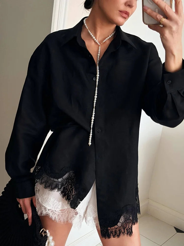 Women's Casual Long Sleeve Single Breasted Shirts 2026 Spring Lace Floral Hem Blouse Elegant Classical Stylish Shorts Outfits