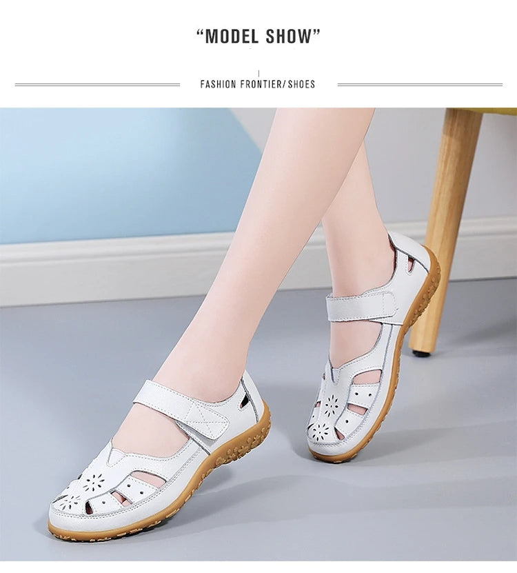 WOIZGIC Female Ladeis Mother Women's Genuine Leather Loater Flats Sandals Shoes Summer Cool Soft Outside Beach