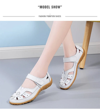 WOIZGIC Female Ladeis Mother Women's Genuine Leather Loater Flats Sandals Shoes Summer Cool Soft Outside Beach