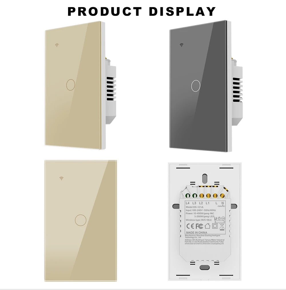 Smart WiFi Switch Single Neutral Wire Universal Touch Control Tuya APP Alexa Google Home Compatible Gold Gray