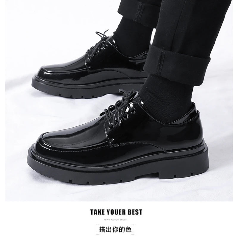 Mens Black Patent Leather Perforated Lace Up Chunky Platform Oxford Shoes Breathable Casual Business Formal Summer Dress Shoes
