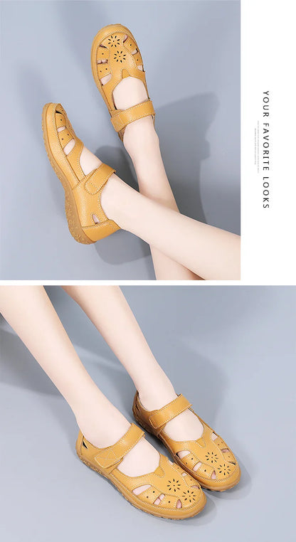 WOIZGIC Female Ladeis Mother Women's Genuine Leather Loater Flats Sandals Shoes Summer Cool Soft Outside Beach