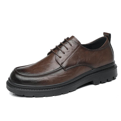 Mens Black Wrinkled Leather Apron Toe Lace Up Dress Shoes Thick Lug Sole Chunky Formal Business Office Work Daily Wear Shoes