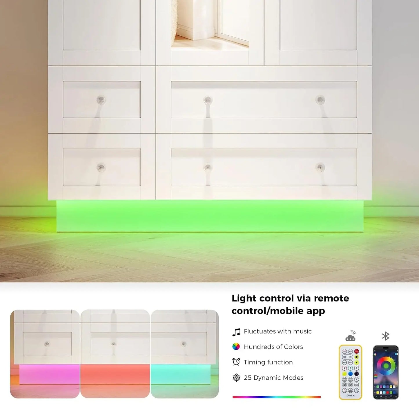 3 Doors Wardrobe Mirror 4 Drawers LED Light Large Capacity Bedroom Storage Cabinet, Custom