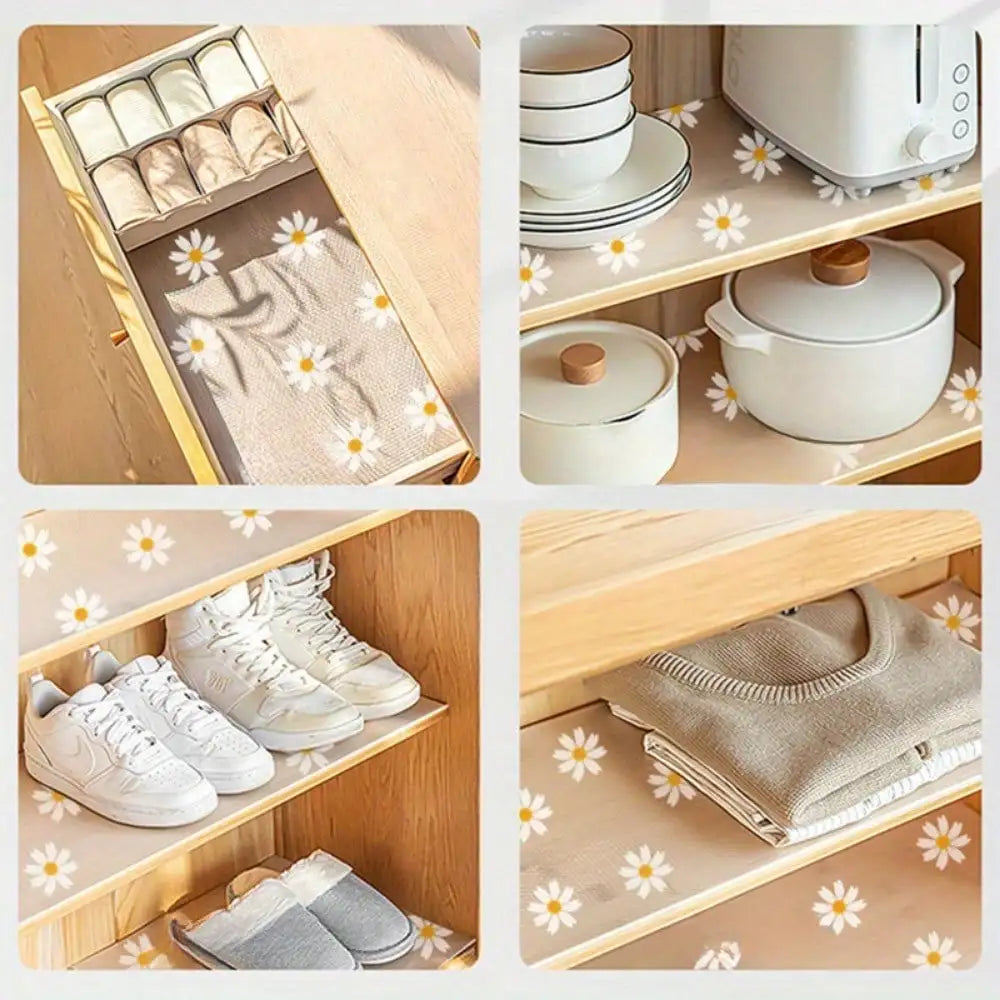 1 Roll 300cm/118inch Waterproof Non-Slip Plastic Shelf Liner Roll,Multipurpose Cabinet Drawer Mat Liner for Kitchen Daisy Design