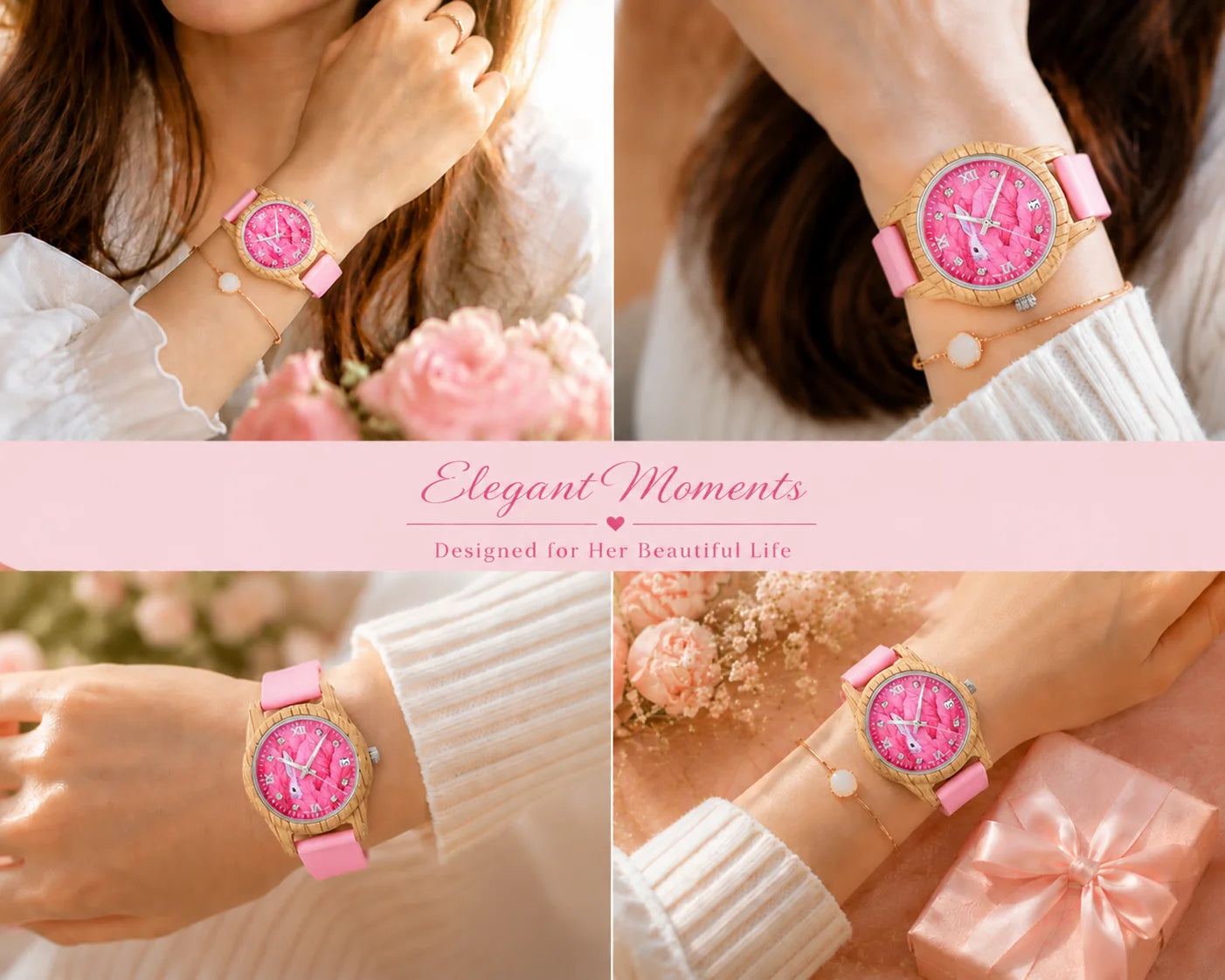 Women's Pink Wooden Watch Luxury Fashion Wristwatch Gift for Girls Elegant Quartz Watch with Silicone Strap Support Dropship
