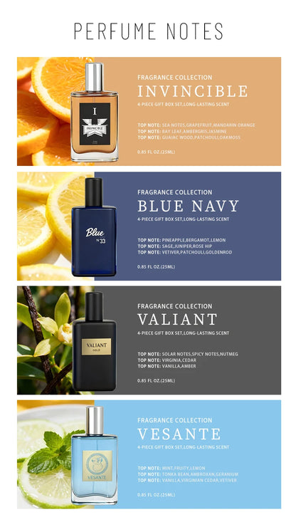 4-Piece men's Perfume Gift Set (0.68oz Each ) - 4Long-Lasting Fruity aroma & Fresh Scents, The Perfect Holiday, Date & Party Gif