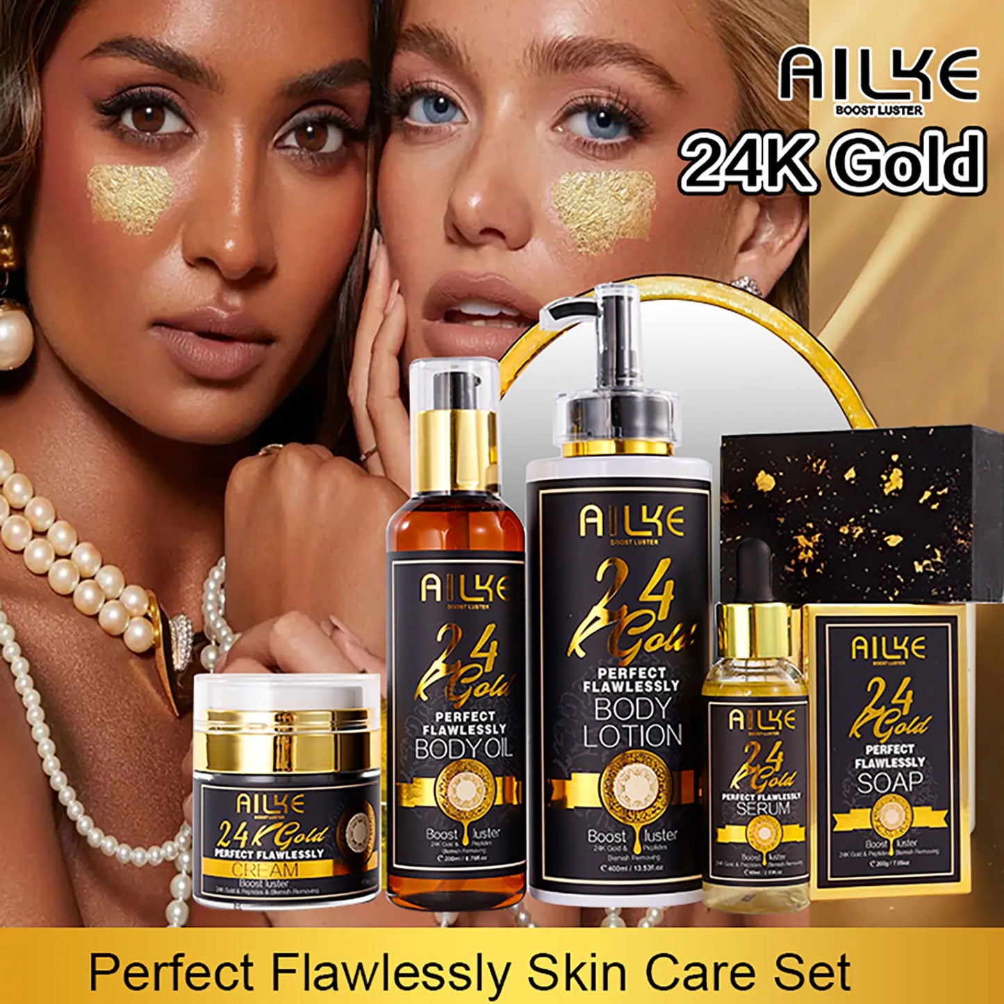 AILKE 24K Whitening Skin Set, Lightening, Remove Black Spots, Melanin, Stains, Even Skin Tone, Moisturizing, for All Skin Types
