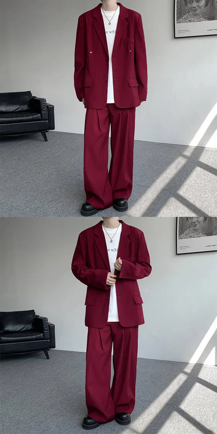 Casual suit set Men Loose fitting 2 piece suit Shoulder pads Trend Streetwear Korean 2025 NEW suit jacker+suit pants