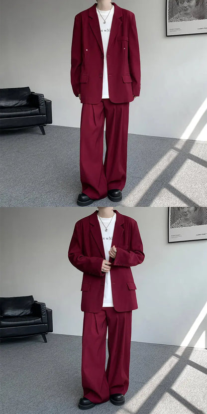 Casual suit set Men Loose fitting 2 piece suit Shoulder pads Trend Streetwear Korean 2025 NEW suit jacker+suit pants